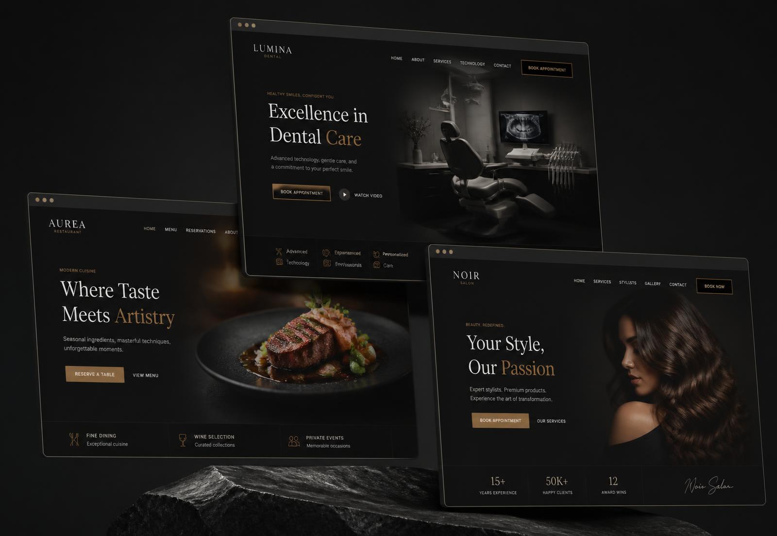 Premium website designs for a dental clinic, restaurant and salon shown in browser frames